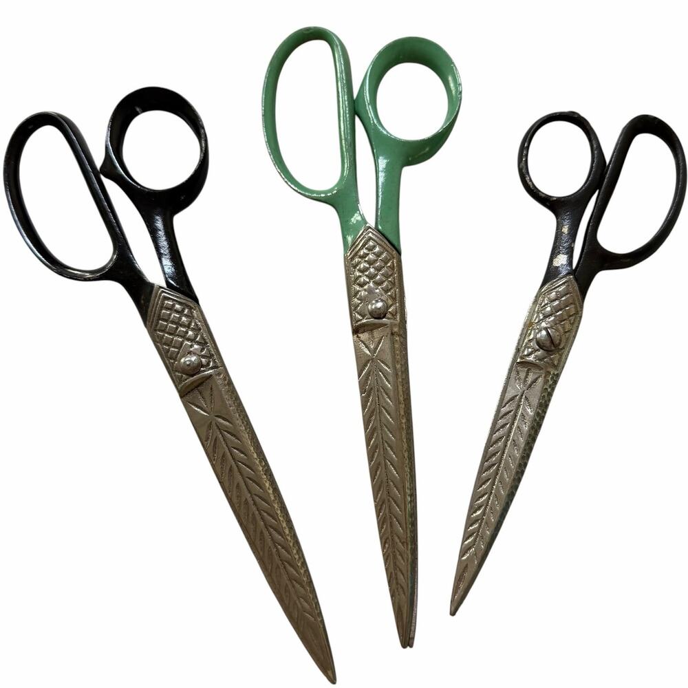 Vintage Decorative Scissors Set Engraved Blades Black & Green